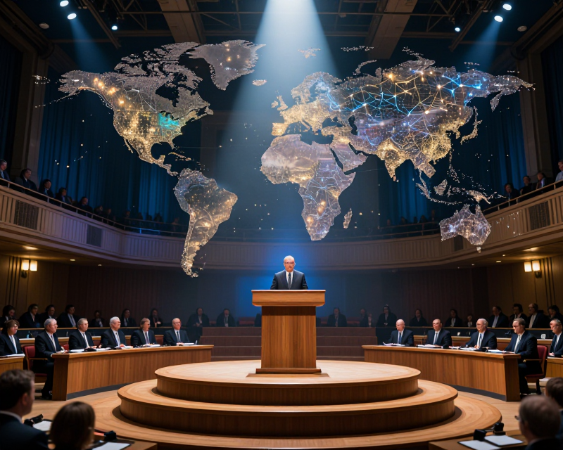 Cinematic UN Assembly Hall with Digital Superintelligence